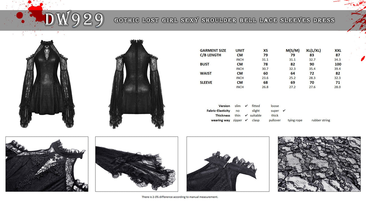 Gothic lost girl sexy shoulder bell lace sleeves dress DW929