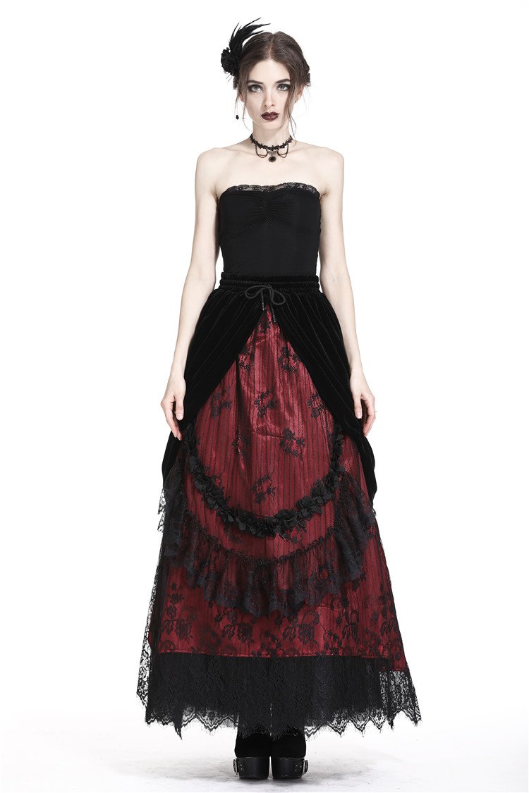 KW133RD Gothic Black red wave velvet lace maxi skirt DARKINLOVE KW133RD Gothic Black red wave velvet lace maxi skirt DARKINLOVE