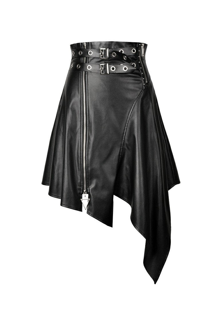 Punk PU leather zippered irregular midi skirt KW164 – DARK