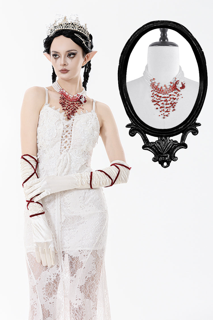 Gothic Blood Red Pearl Floral Necklace ACK159