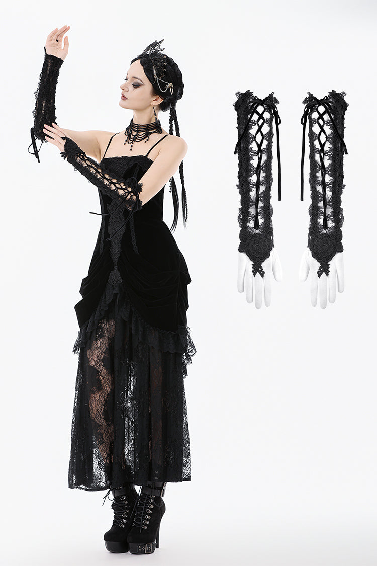 Black Gothic Lace Long Gloves with Ribbon Ties AGL029