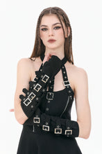 Load image into Gallery viewer, Goth Punk Matte Black Multi-Buckle Eyelet Strap Elasticated Gloves AGL032