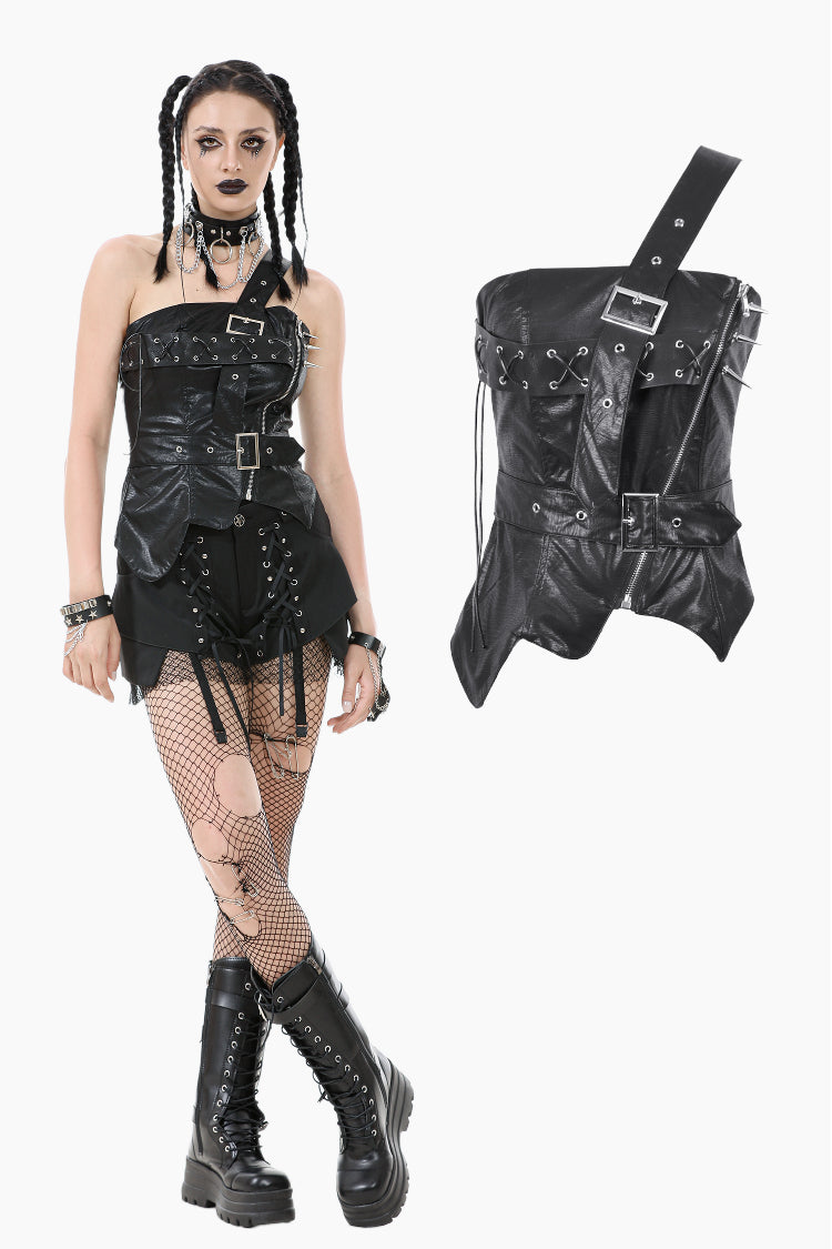Punk-Inspired Leather Corset with Side Zipper, Eyelet Lacing and Waist Belt CW096