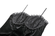 Load image into Gallery viewer, Gothic Retro Dark Cool Lace Mesh Patchwork Velvet Cami Top with Beaded Tassel Drops CW111