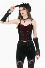 Load image into Gallery viewer, Gothic Retro Velvet Cami Top with Red Patchwork and Double-Row Eyelet Lacing CW112