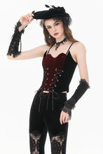 Load image into Gallery viewer, Gothic Retro Velvet Cami Top with Red Patchwork and Double-Row Eyelet Lacing CW112