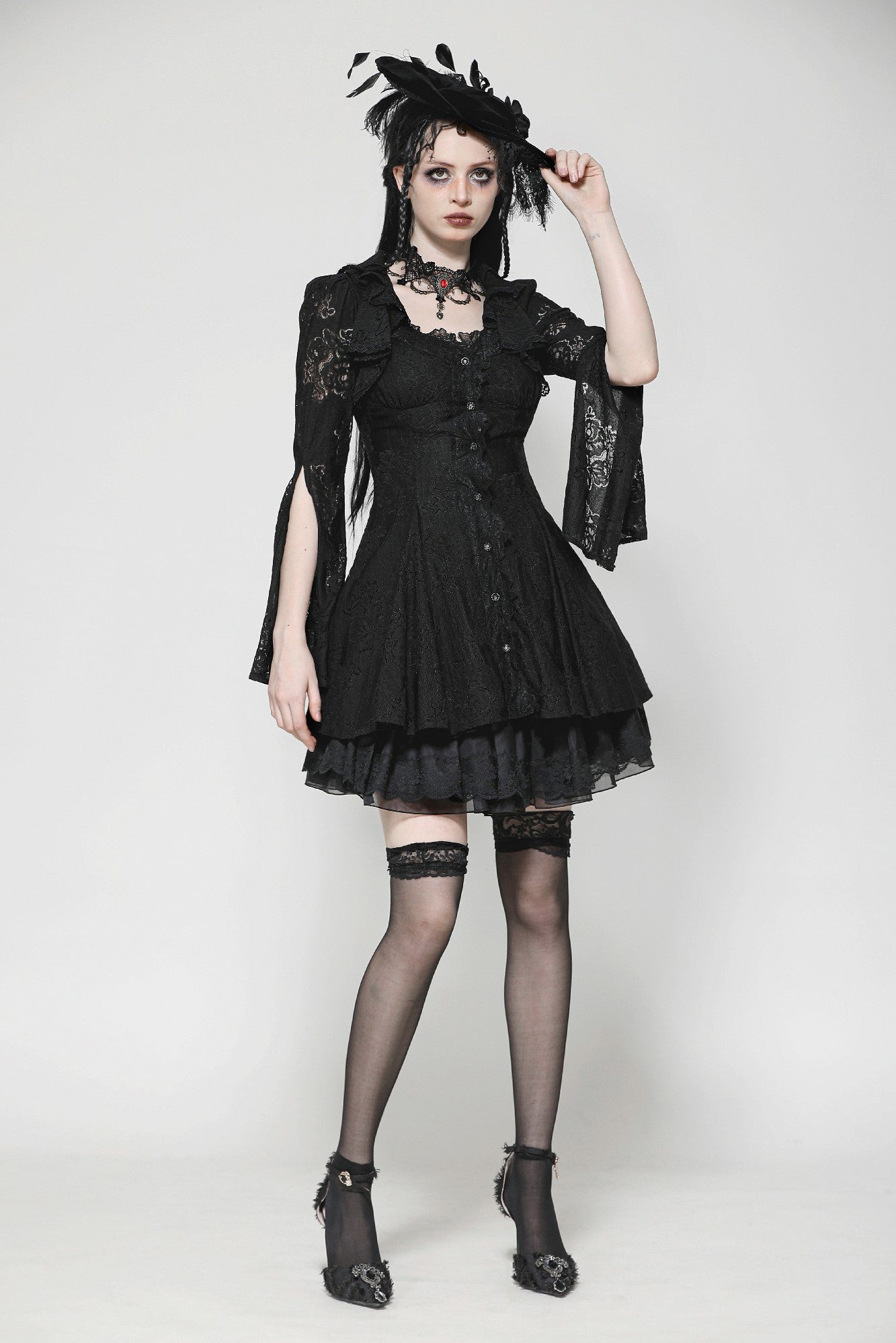 Black Hollow Lace Gemstone Button Adjustable Waist Dress DW1003 XXL Black Hollow Lace Gemstone Button Adjustable Waist Dress DW1003 XXL