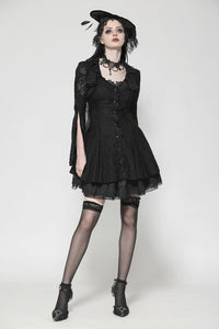 Black Hollow Lace Gemstone Button Adjustable Waist Dress DW1003