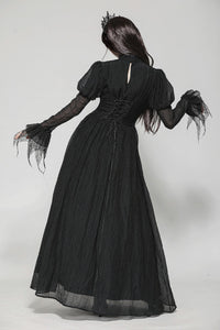 Black Negative Gothic Spiderweb Patchwork Princess Sleeve Maxi Dress DW1005