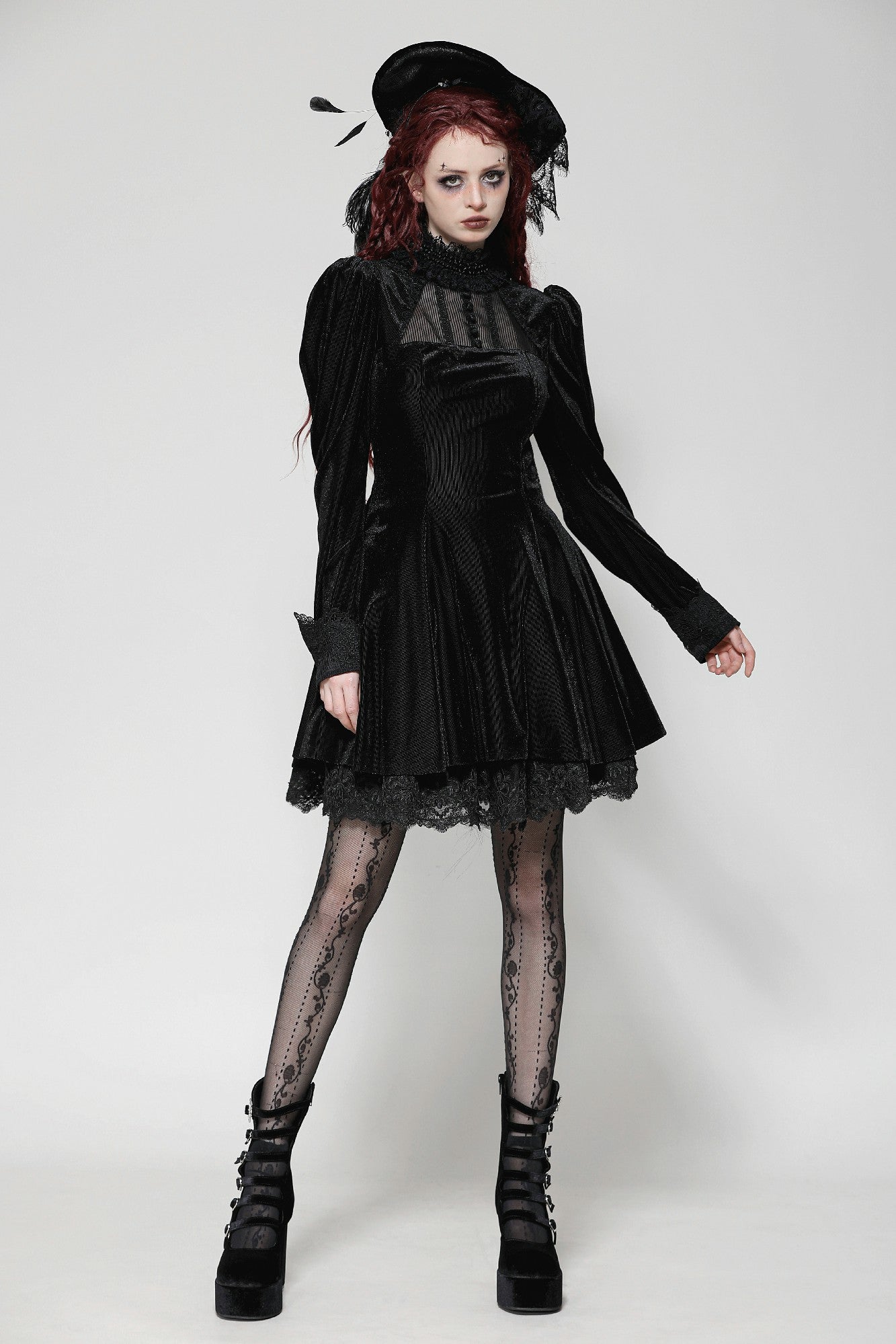 Gothic Velvet Lace Long-Sleeve Dress DW1006 XS Gothic Velvet Lace Long-Sleeve Dress DW1006 XS