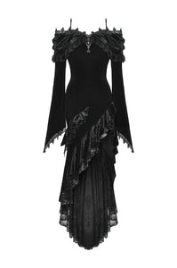 Gothic Dark Velvet Ruffle Hem Gem Pendant Off-Shoulder Mermaid Dress DW1010