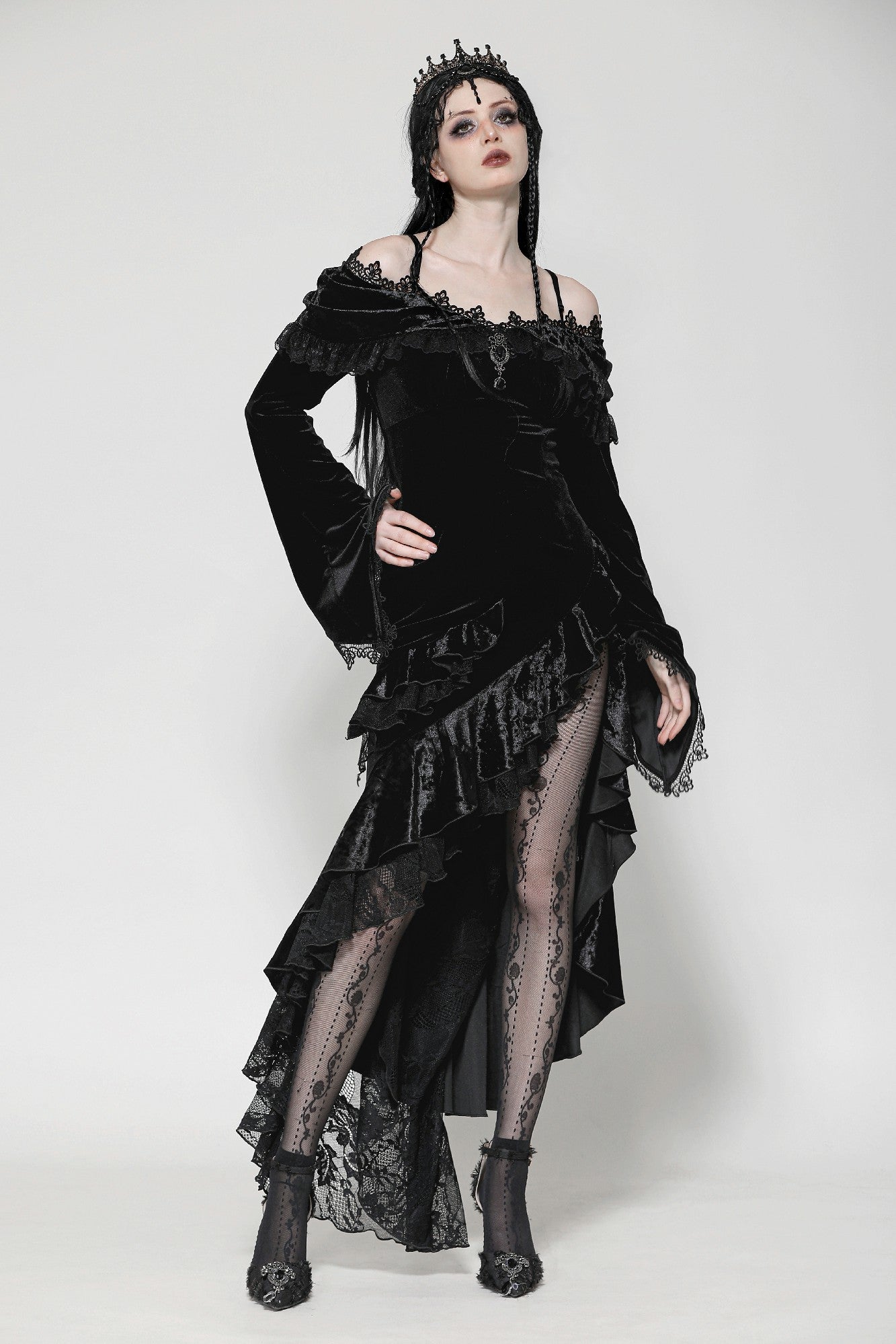 Gothic Dark Velvet Ruffle Hem Gem Pendant Off-Shoulder Mermaid Dress D DARK IN LOVE Gothic Dark Velvet Ruffle Hem Gem Pendant Off-Shoulder Mermaid Dress D DARK IN LOVE