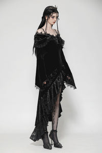 Gothic Dark Velvet Ruffle Hem Gem Pendant Off-Shoulder Mermaid Dress DW1010