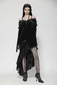 Gothic Dark Velvet Ruffle Hem Gem Pendant Off-Shoulder Mermaid Dress DW1010