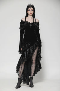 Gothic Dark Velvet Ruffle Hem Gem Pendant Off-Shoulder Mermaid Dress DW1010