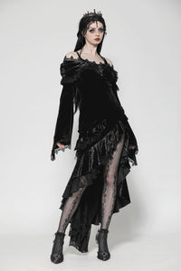Gothic Dark Velvet Ruffle Hem Gem Pendant Off-Shoulder Mermaid Dress DW1010
