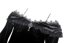 Load image into Gallery viewer, Gothic Dark Velvet Ruffle Hem Gem Pendant Off-Shoulder Mermaid Dress DW1010