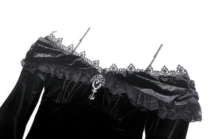 Gothic Dark Velvet Ruffle Hem Gem Pendant Off-Shoulder Mermaid Dress DW1010