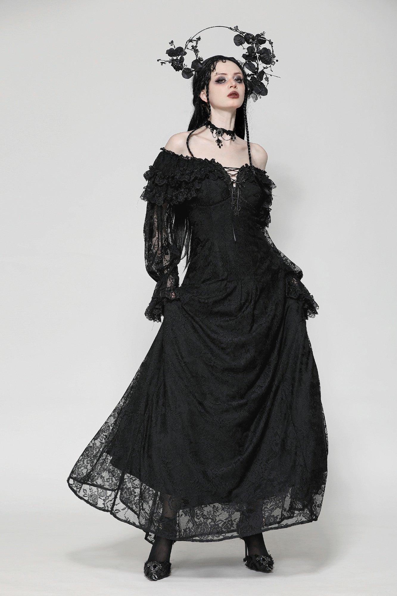 Romantic Goth Dress Gothic Off-Shoulder Layered Ruffle Elegant Maxi Dress DW1011 DARK IN LOVE Romantic Goth Dress Gothic Off-Shoulder Layered Ruffle Elegant Maxi Dress DW1011 DARK IN LOVE