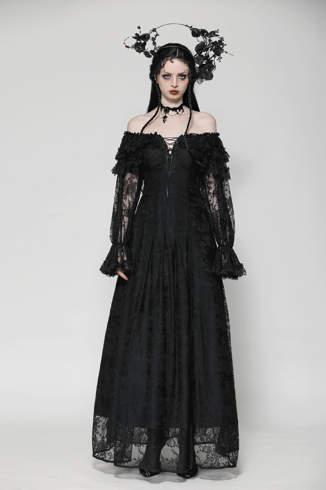 Gothic Off-Shoulder Layered Ruffle Elegant Maxi Dress DW1011 DARK IN LOVE Gothic Off-Shoulder Layered Ruffle Elegant Maxi Dress DW1011 DARK IN LOVE