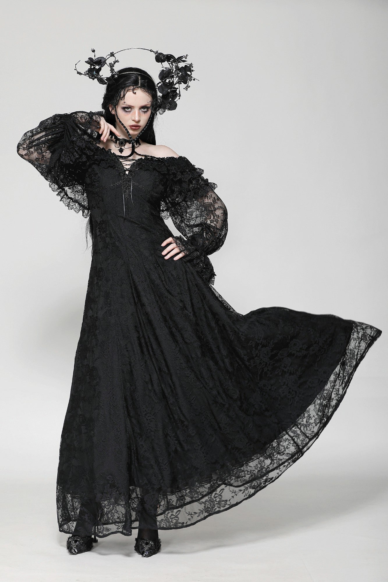 Gothic Off-Shoulder Layered Ruffle Elegant Maxi Dress DW1011 Gothic Off-Shoulder Layered Ruffle Elegant Maxi Dress DW1011