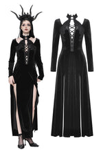 Load image into Gallery viewer, Gothic Slim-Fit Velvet Hollow Neckline Embroidered Button High Slit Maxi Dress DW1012