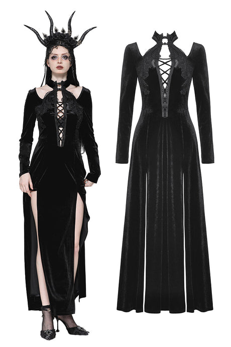 Gothic Slim-Fit Velvet Hollow Neckline Embroidered Button High Slit Maxi Dress DW1012