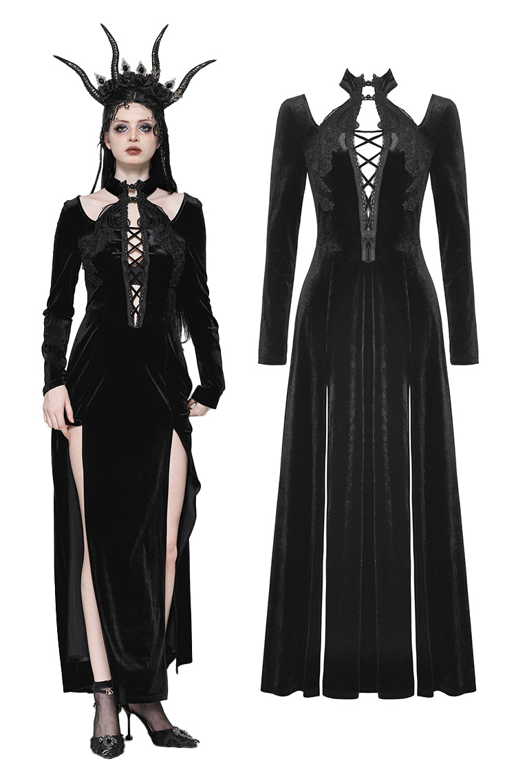Gothic Slim-Fit Velvet Hollow Neckline Embroidered Button High Slit Maxi Dress DW1012