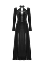Load image into Gallery viewer, Gothic Slim-Fit Velvet Hollow Neckline Embroidered Button High Slit Maxi Dress DW1012