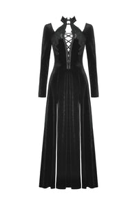 Gothic Slim-Fit Velvet Hollow Neckline Embroidered Button High Slit Maxi Dress DW1012