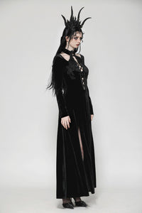 Gothic Slim-Fit Velvet Hollow Neckline Embroidered Button High Slit Maxi Dress DW1012