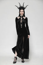 Load image into Gallery viewer, Gothic Slim-Fit Velvet Hollow Neckline Embroidered Button High Slit Maxi Dress DW1012