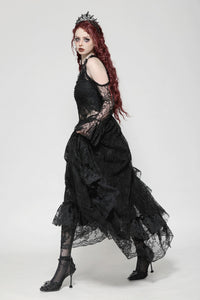 Black Gothic Asymmetrical Lace Rhinestone Neckline Off-Shoulder Dress DW1017