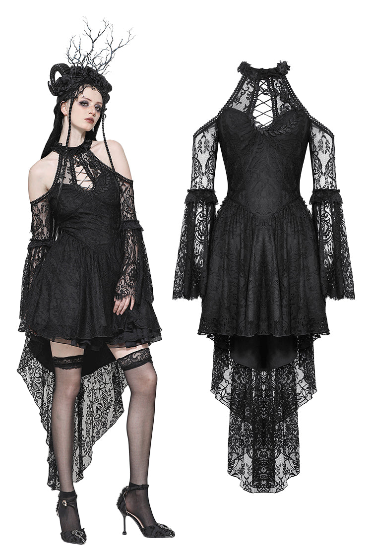 vone lace dress Modern Black Lace One-Shoulder Prom Party Gowns| Front Split Evening Gown