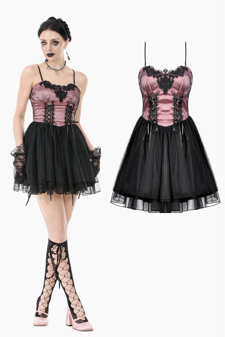Gothic Lolita Pink Satin Layered Tulle Mini Dress DW1070