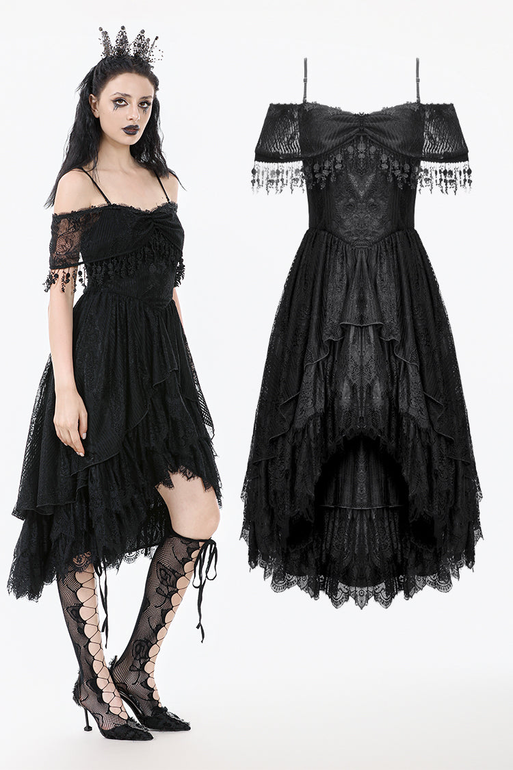 Gothic Black Lace Off-Shoulder High-Low Dress DW1077