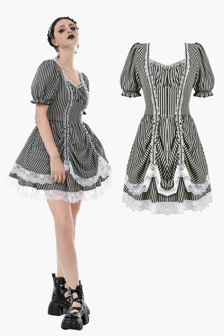 Midnight Masquerade – Noir Striped Circus Dress DW1079 S