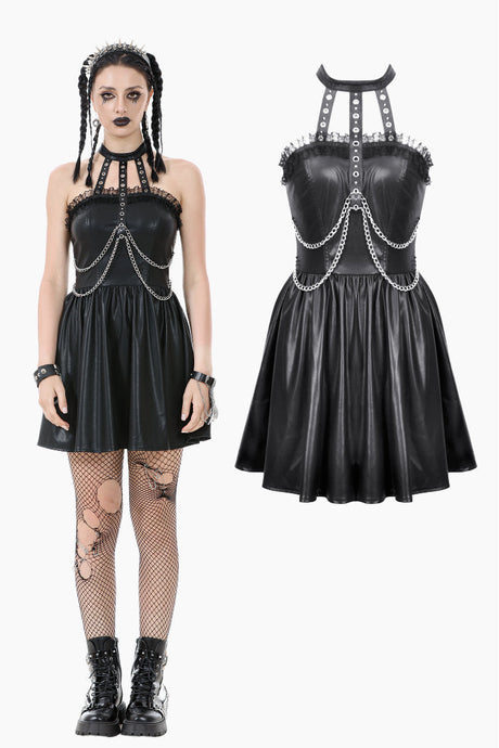 Gothic Eyelet & Chain Choker Leather Dress DW1102