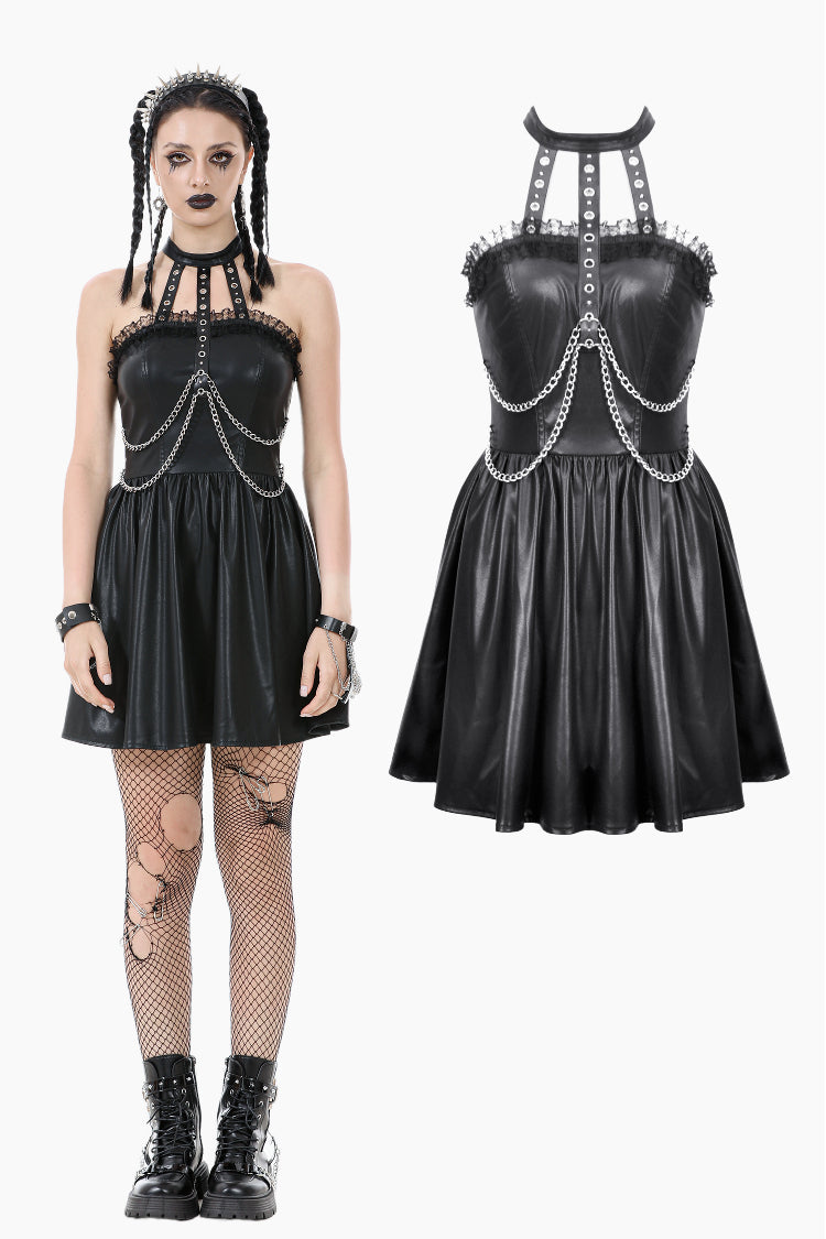 Gothic Eyelet & Chain Choker Leather Dress DW1102