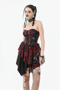 Punk Inked Plaid Dress with Faux Leather Splice & Grommet Lace-Up DW1111