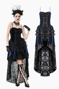 Royal Indigo Velvet & Lace Gothic Dress with Crown Lace and Tiered Tail Hem DW1113 customize