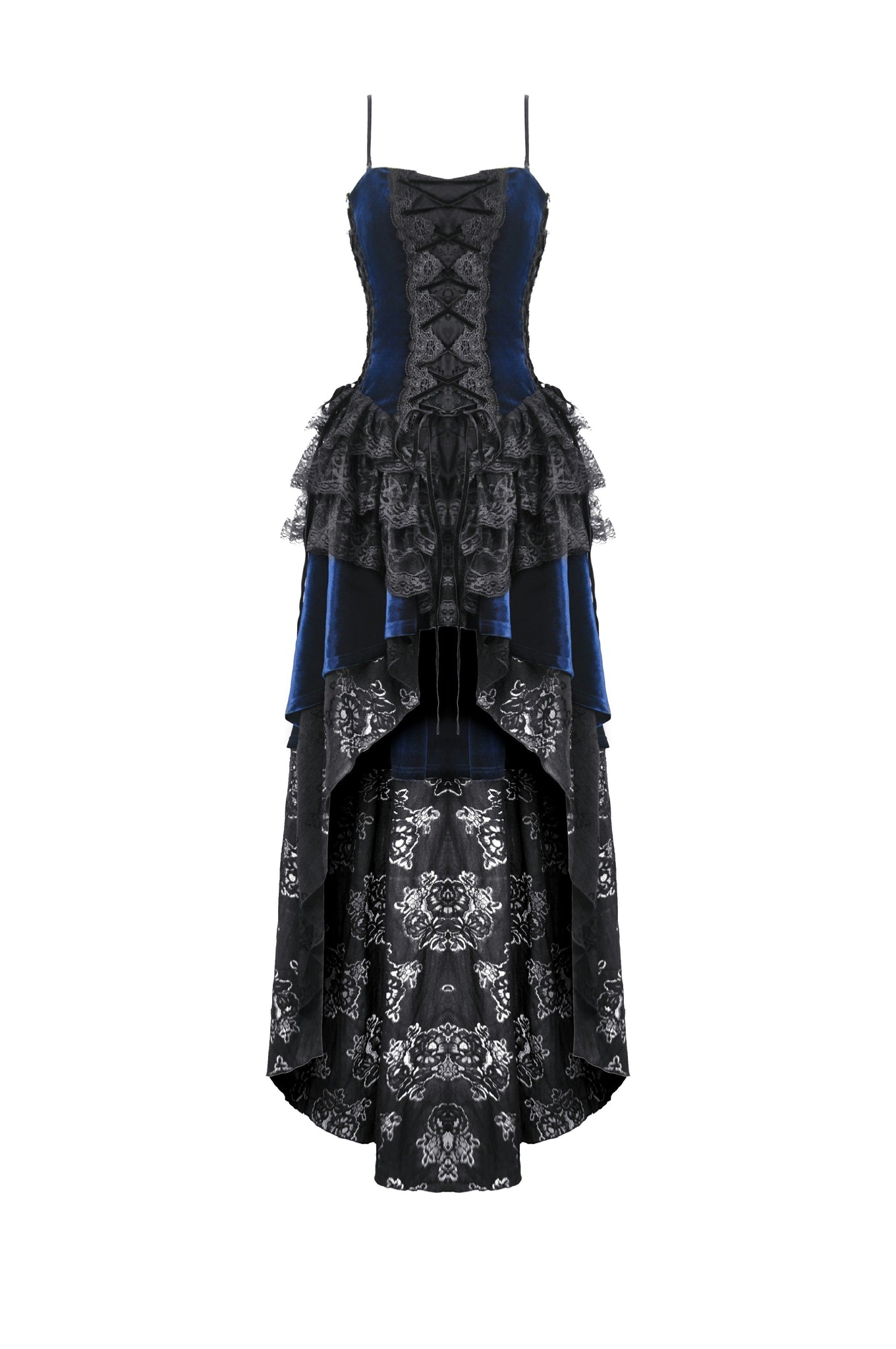 Royal Indigo Velvet & Lace Gothic Dress with Crown Lace and Tiered Tai DARK IN LOVE Royal Indigo Velvet & Lace Gothic Dress with Crown Lace and Tiered Tai DARK IN LOVE