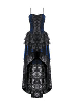 Load image into Gallery viewer, Royal Indigo Velvet &amp; Lace Gothic Dress with Crown Lace and Tiered Tail Hem DW1113
