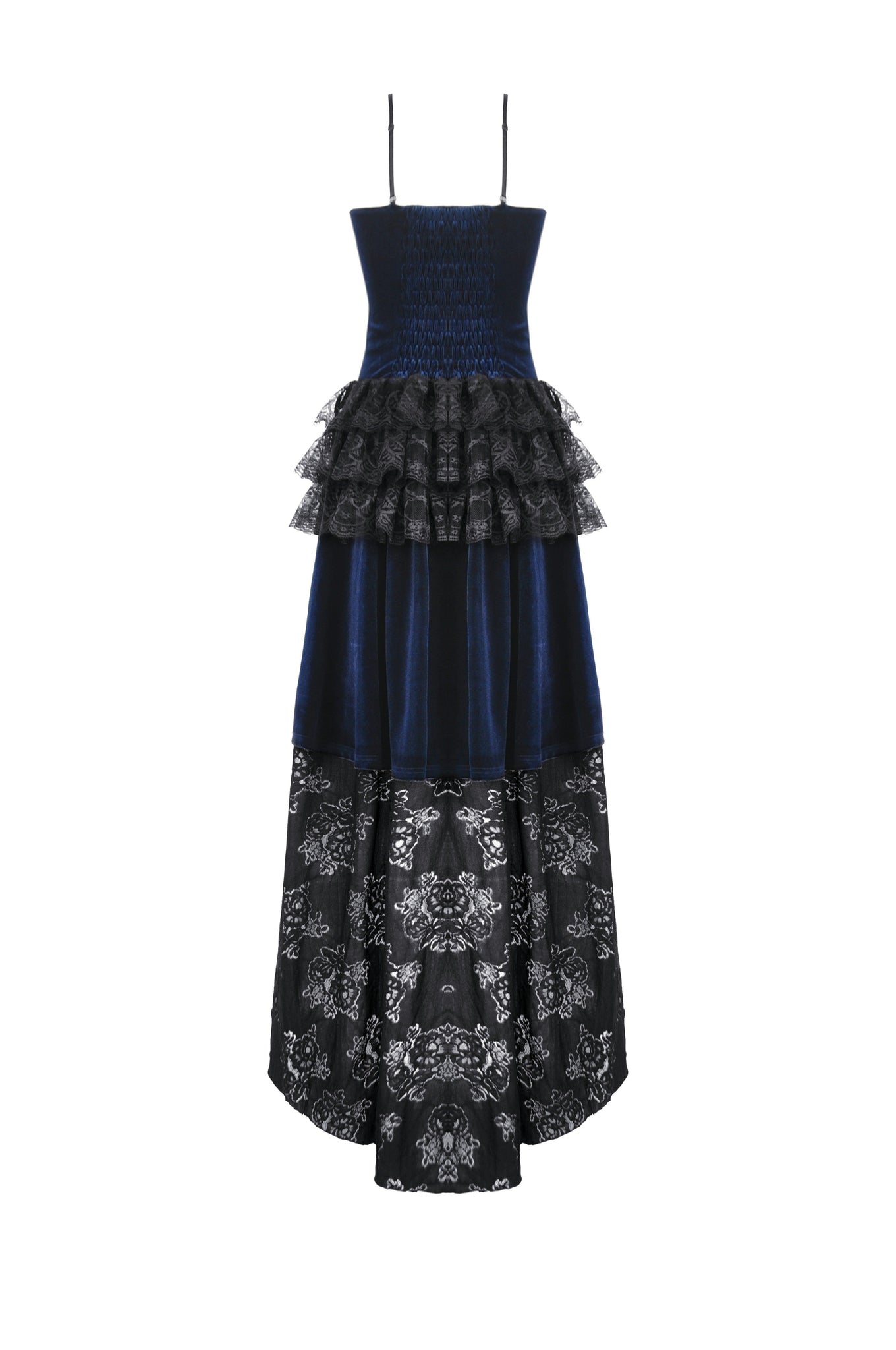 Royal Indigo Velvet & Lace Gothic Dress with Crown Lace and Tiered Tail Hem DW1113 Royal Indigo Velvet & Lace Gothic Dress with Crown Lace and Tiered Tail Hem DW1113