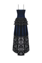 Load image into Gallery viewer, Royal Indigo Velvet &amp; Lace Gothic Dress with Crown Lace and Tiered Tail Hem DW1113