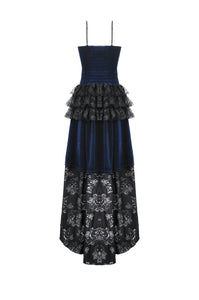 Royal Indigo Velvet & Lace Gothic Dress with Crown Lace and Tiered Tail Hem DW1113
