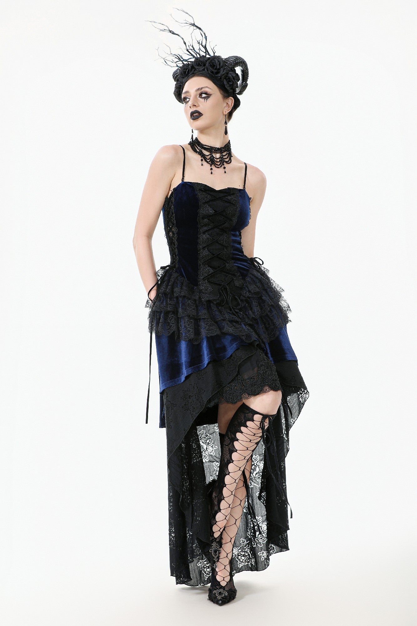 Royal Indigo Velvet & Lace Gothic Dress with Crown Lace and Tiered Tai DARK IN LOVE Royal Indigo Velvet & Lace Gothic Dress with Crown Lace and Tiered Tai DARK IN LOVE