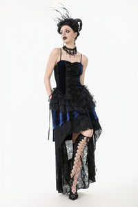 Royal Indigo Velvet & Lace Gothic Dress with Crown Lace and Tiered Tail Hem DW1113