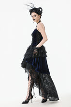 Load image into Gallery viewer, Royal Indigo Velvet &amp; Lace Gothic Dress with Crown Lace and Tiered Tail Hem DW1113