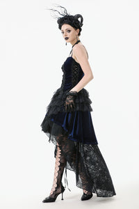 Royal Indigo Velvet & Lace Gothic Dress with Crown Lace and Tiered Tail Hem DW1113